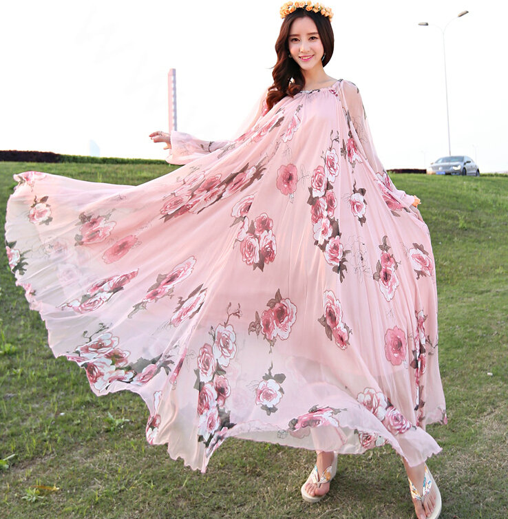 Elegant Dresses Summer Women Long Sleeved Printed Beach Long Chiffon Bohemian - Pink