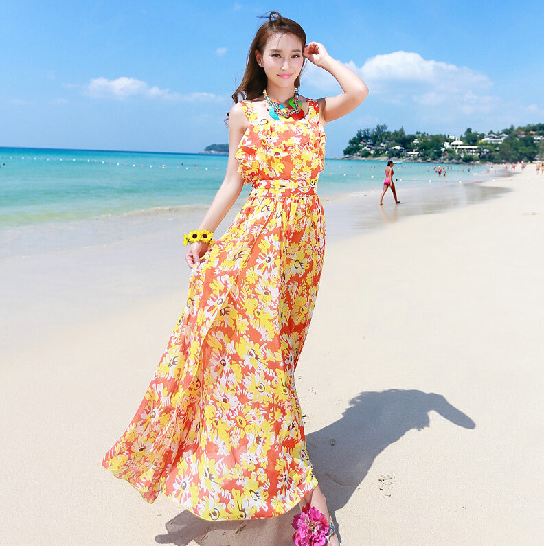 Elegant Dresses Summer Women Printed Strapless Beach Bohemian Long Chiffon - Yellow