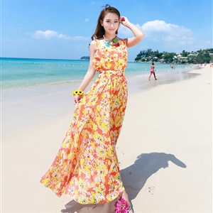 Elegant Dresses Summer Women Printed Strapless Beach Bohemian Long Chiffon - Yellow