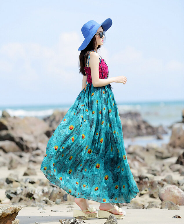 Elegant Dresses Summer Women Sundresses Peacock Beach Long Chiffon Bohemian - Blue