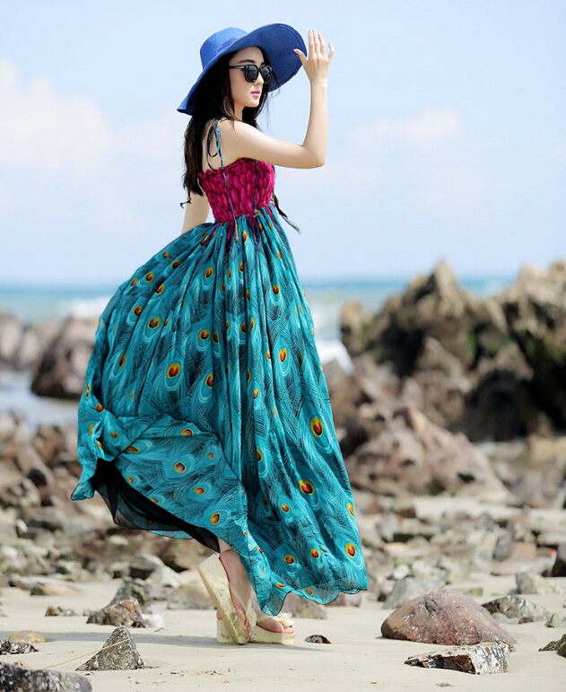 Elegant Dresses Summer Women Sundresses Peacock Beach Long Chiffon Bohemian - Blue