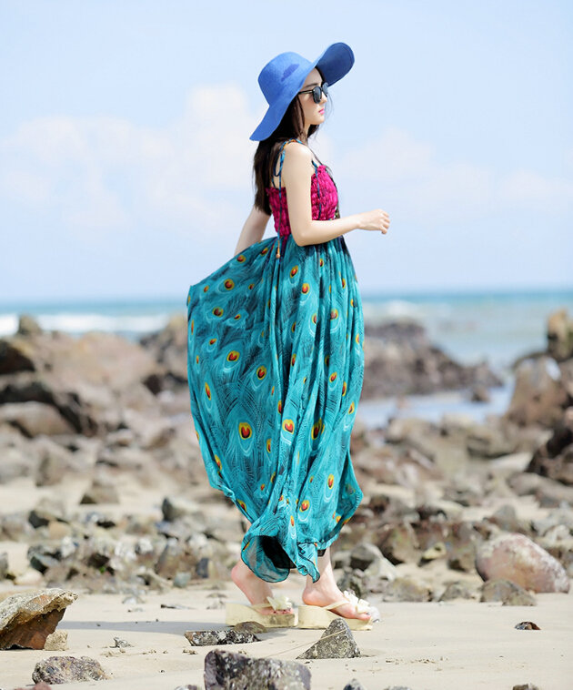 Elegant Dresses Summer Women Sundresses Peacock Beach Long Chiffon Bohemian - Blue