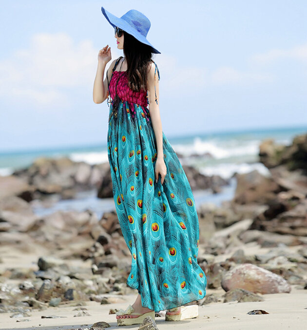 Elegant Dresses Summer Women Sundresses Peacock Beach Long Chiffon Bohemian - Blue