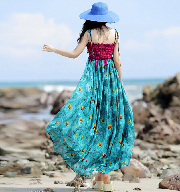 Elegant Dresses Summer Women Sundresses Peacock Beach Long Chiffon Bohemian - Blue
