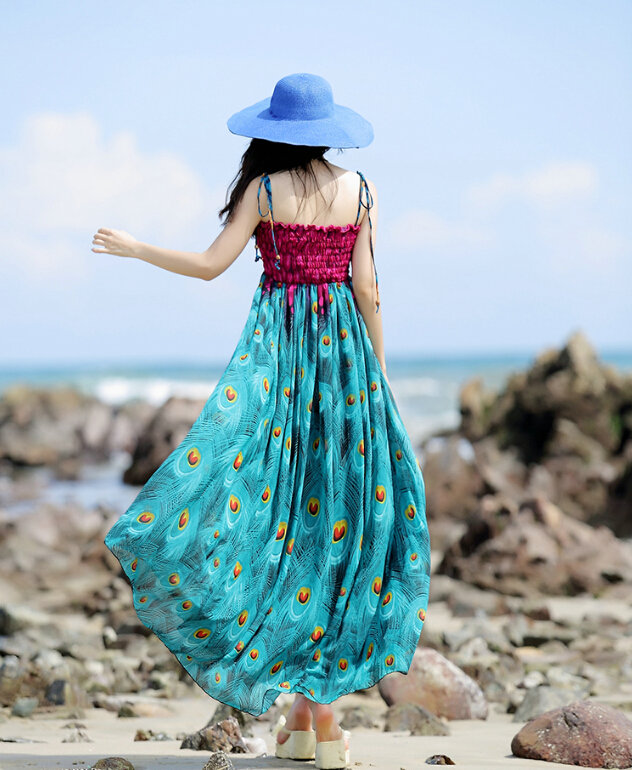 Elegant Dresses Summer Women Sundresses Peacock Beach Long Chiffon Bohemian - Blue