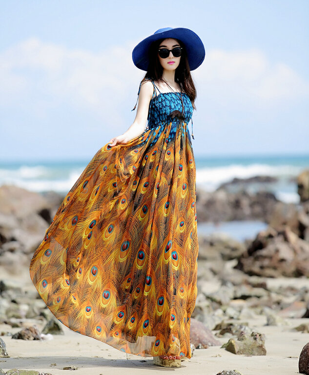 Elegant Dresses Summer Women Sundresses Peacock Beach Long Chiffon Bohemian - Orange