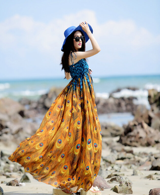 Elegant Dresses Summer Women Sundresses Peacock Beach Long Chiffon Bohemian - Orange