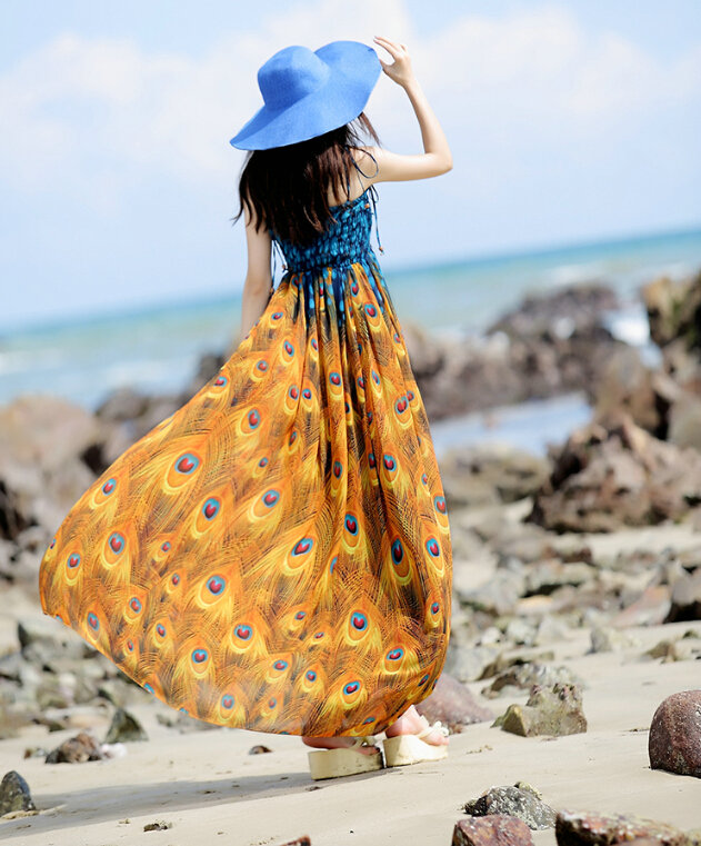 Elegant Dresses Summer Women Sundresses Peacock Beach Long Chiffon Bohemian - Orange