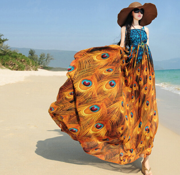 Elegant Dresses Summer Women Sundresses Peacock Beach Long Chiffon Bohemian - Orange