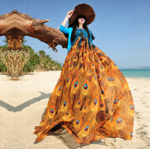 Elegant Dresses Summer Women Sundresses Peacock Beach Long Chiffon Bohemian - Orange