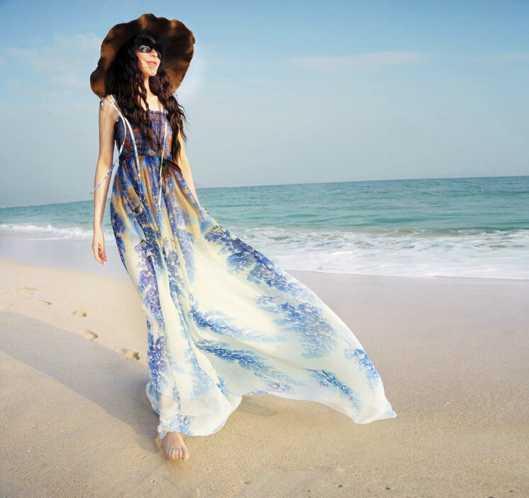 Elegant Dresses Summer Women Sundresses Printed Beach Long Chiffon Bohemian - Blue