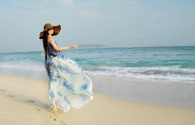 Elegant Dresses Summer Women Sundresses Printed Beach Long Chiffon Bohemian - Blue