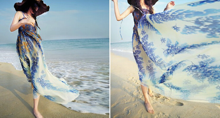 Elegant Dresses Summer Women Sundresses Printed Beach Long Chiffon Bohemian - Blue
