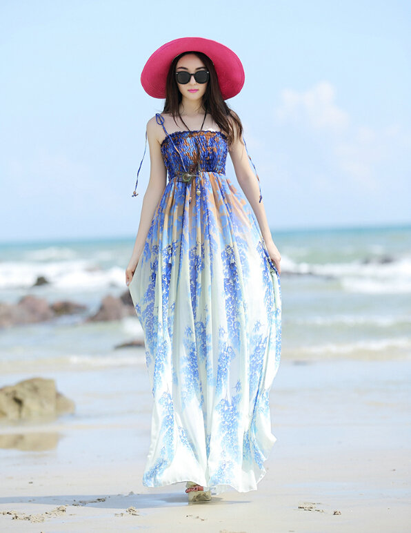 Elegant Dresses Summer Women Sundresses Printed Beach Long Chiffon Bohemian - Blue