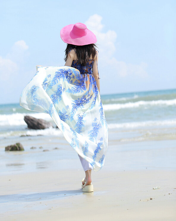 Elegant Dresses Summer Women Sundresses Printed Beach Long Chiffon Bohemian - Blue