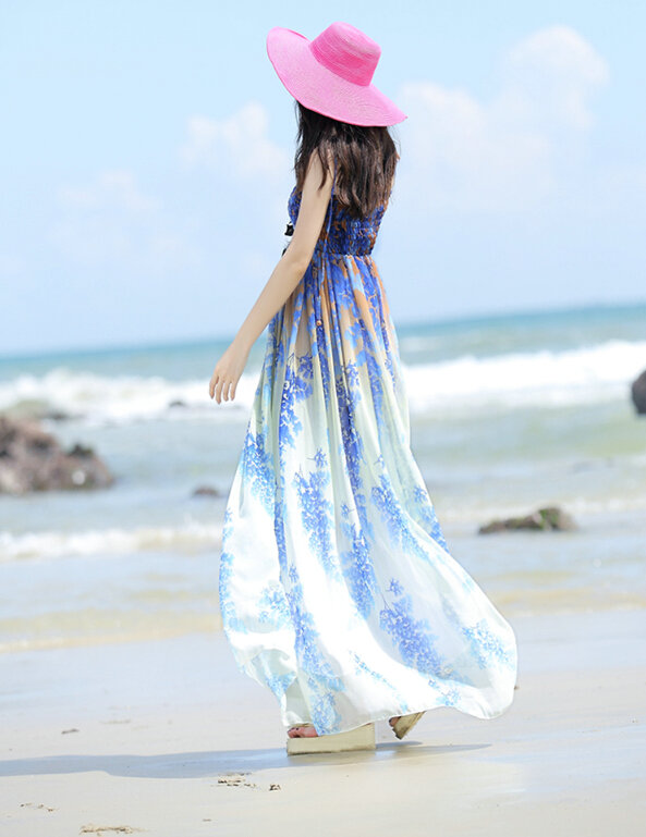 Elegant Dresses Summer Women Sundresses Printed Beach Long Chiffon Bohemian - Blue