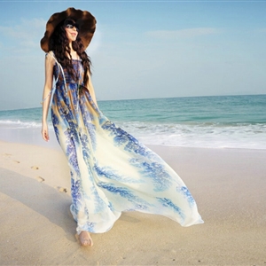 Elegant Dresses Summer Women Sundresses Printed Beach Long Chiffon Bohemian - Blue
