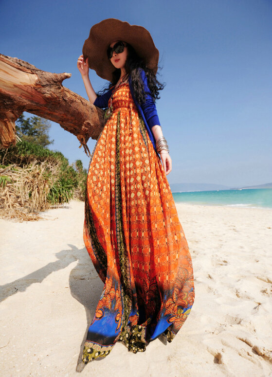 Elegant Dresses Summer Women Sundresses Printed Beach Long Chiffon Bohemian - Orange
