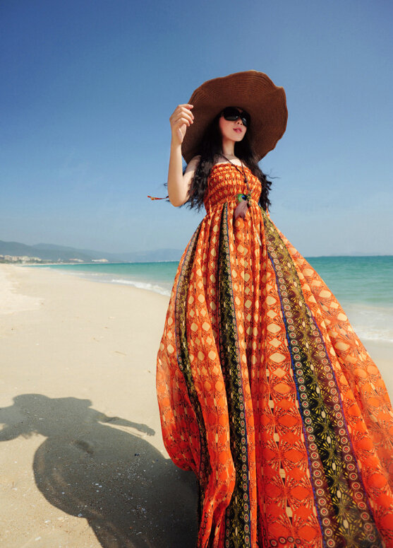 Elegant Dresses Summer Women Sundresses Printed Beach Long Chiffon Bohemian - Orange