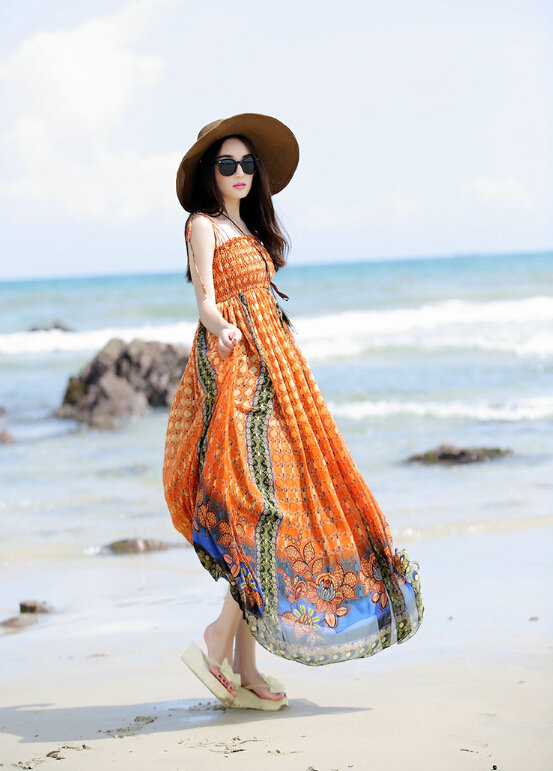Elegant Dresses Summer Women Sundresses Printed Beach Long Chiffon Bohemian - Orange