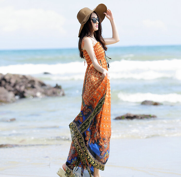 Elegant Dresses Summer Women Sundresses Printed Beach Long Chiffon Bohemian - Orange
