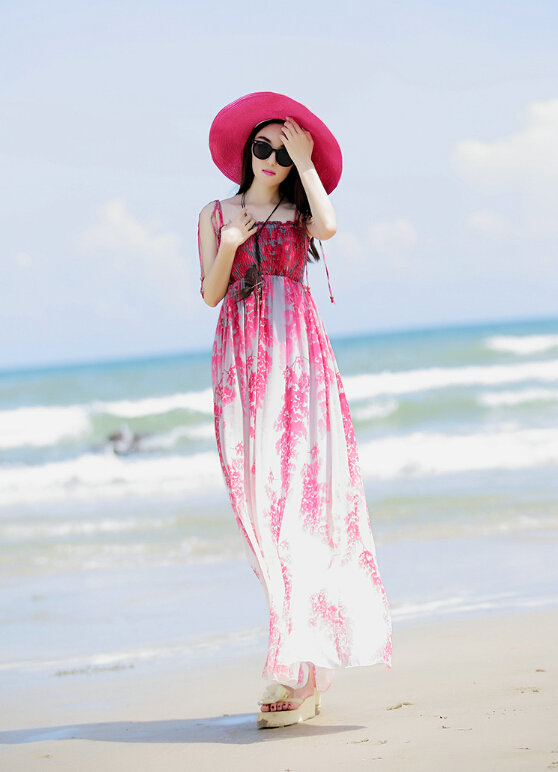 Elegant Dresses Summer Women Sundresses Printed Beach Long Chiffon Bohemian - Red