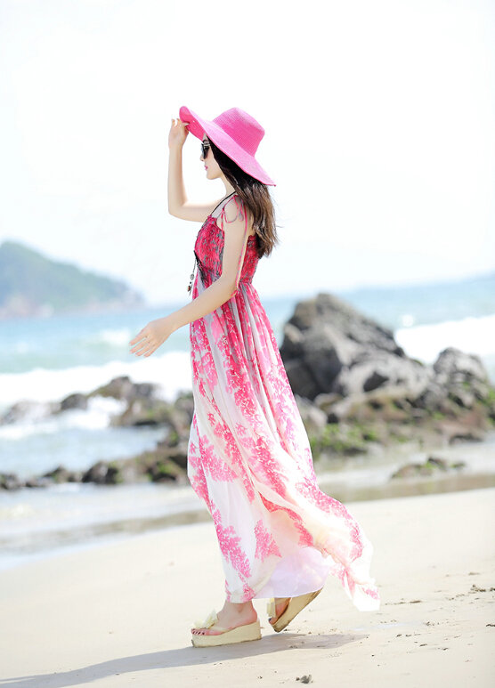 Elegant Dresses Summer Women Sundresses Printed Beach Long Chiffon Bohemian - Red