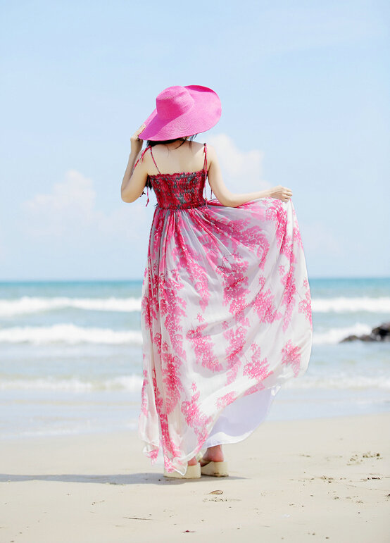 Elegant Dresses Summer Women Sundresses Printed Beach Long Chiffon Bohemian - Red
