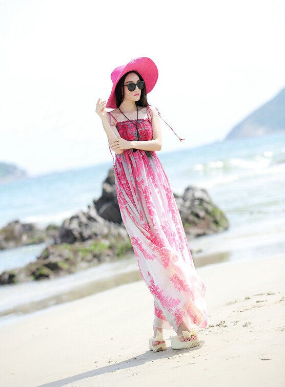 Elegant Dresses Summer Women Sundresses Printed Beach Long Chiffon Bohemian - Red