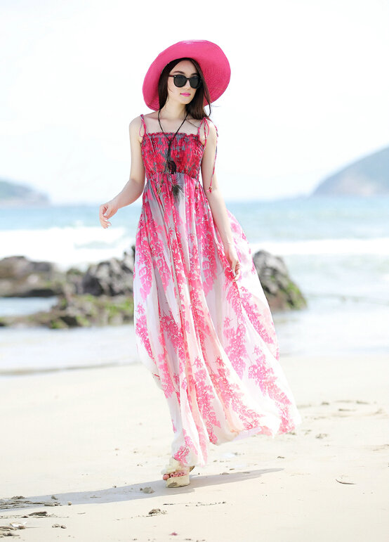Elegant Dresses Summer Women Sundresses Printed Beach Long Chiffon Bohemian - Red