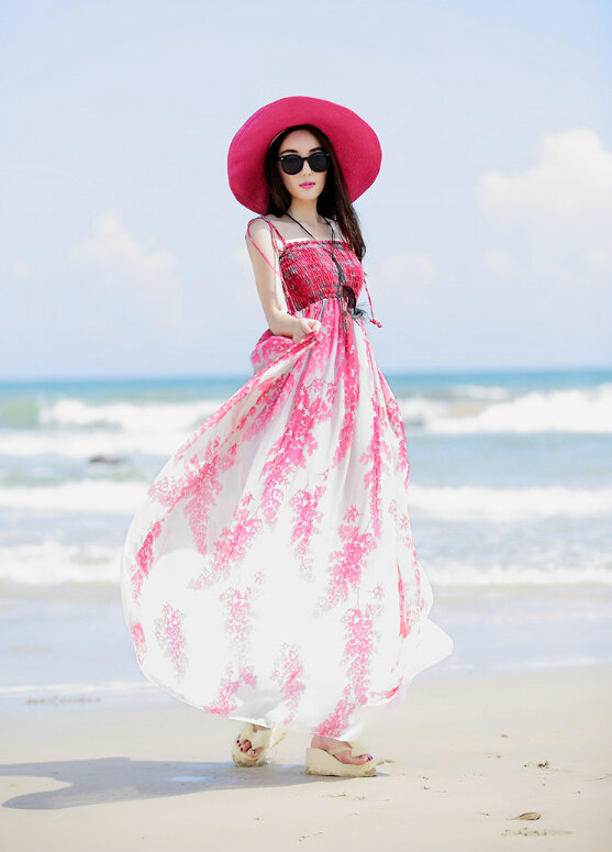 Elegant Dresses Summer Women Sundresses Printed Beach Long Chiffon Bohemian - Red