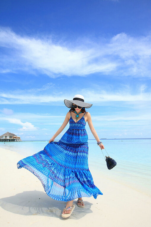 Elegant Dresses Summer Women Sundresses RhombicBeach Long Chiffon Bohemian - Blue
