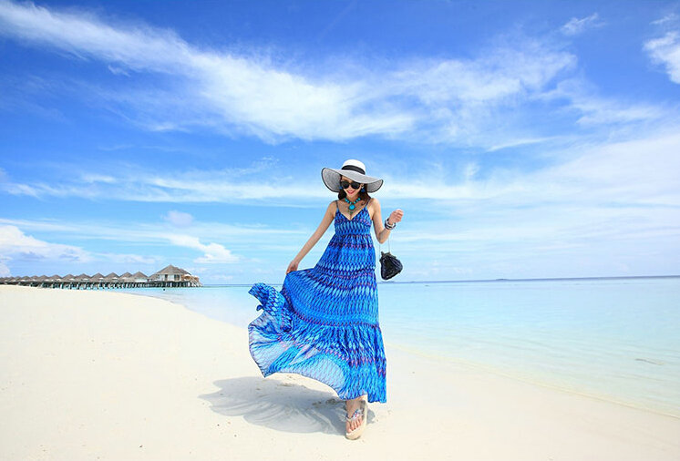 Elegant Dresses Summer Women Sundresses RhombicBeach Long Chiffon Bohemian - Blue