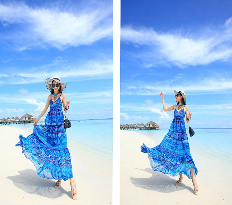Elegant Dresses Summer Women Sundresses RhombicBeach Long Chiffon Bohemian - Blue