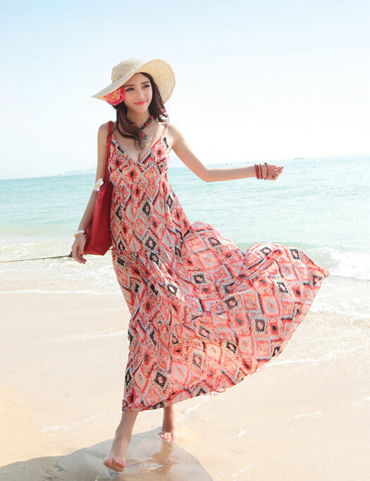 Elegant Dresses Summer Women Sundresses RhombicBeach Long Chiffon Bohemian - Red