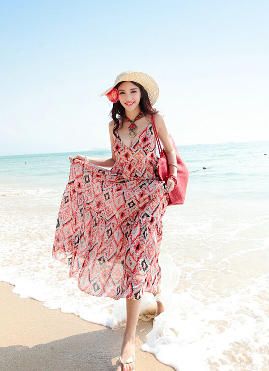 Elegant Dresses Summer Women Sundresses RhombicBeach Long Chiffon Bohemian - Red