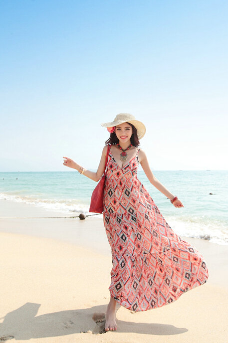 Elegant Dresses Summer Women Sundresses RhombicBeach Long Chiffon Bohemian - Red