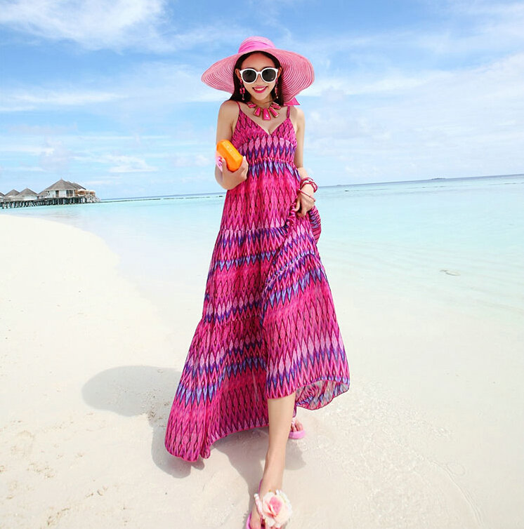 Elegant Dresses Summer Women Sundresses RhombicBeach Long Chiffon Bohemian - Rose