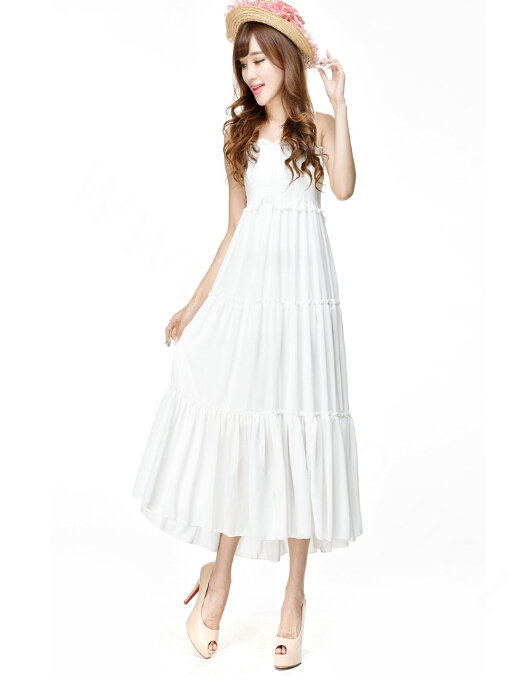 Elegant Dresses Summer Women V-Neck Beach Long Chiffon Bohemian - White