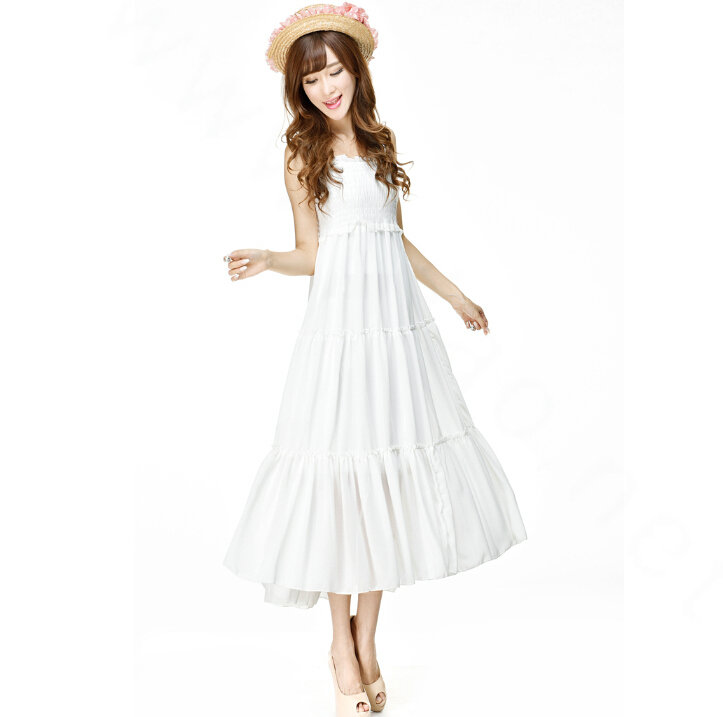 Elegant Dresses Summer Women V-Neck Beach Long Chiffon Bohemian - White