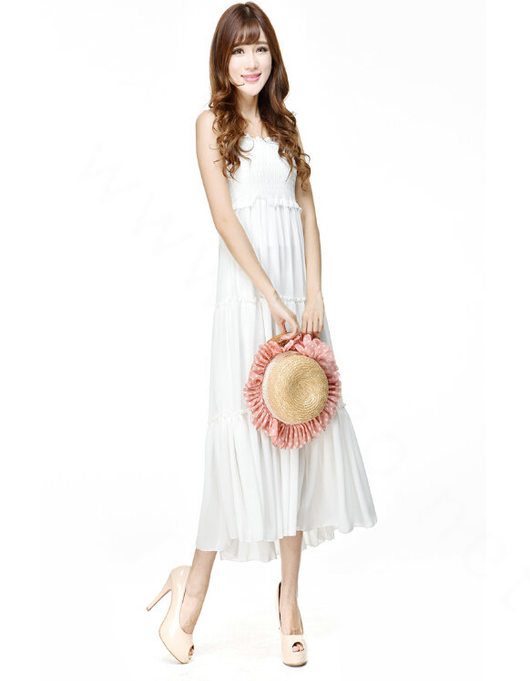 Elegant Dresses Summer Women V-Neck Beach Long Chiffon Bohemian - White