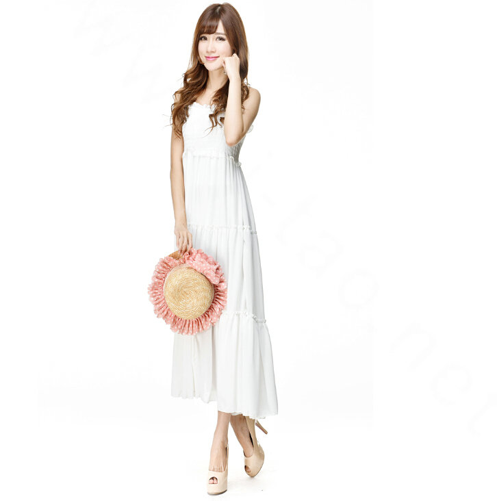Elegant Dresses Summer Women V-Neck Beach Long Chiffon Bohemian - White