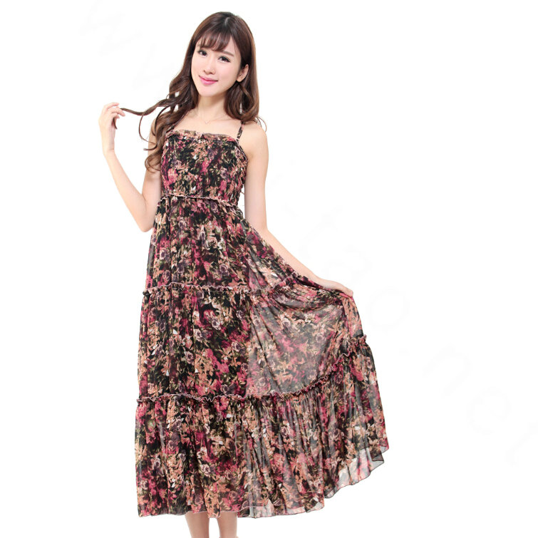Elegant Dresses Summer Women V-Neck Printed Beach Long Chiffon Bohemian - Black Red