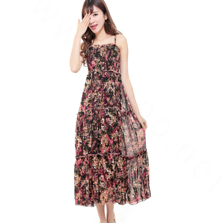 Elegant Dresses Summer Women V-Neck Printed Beach Long Chiffon Bohemian - Black Red