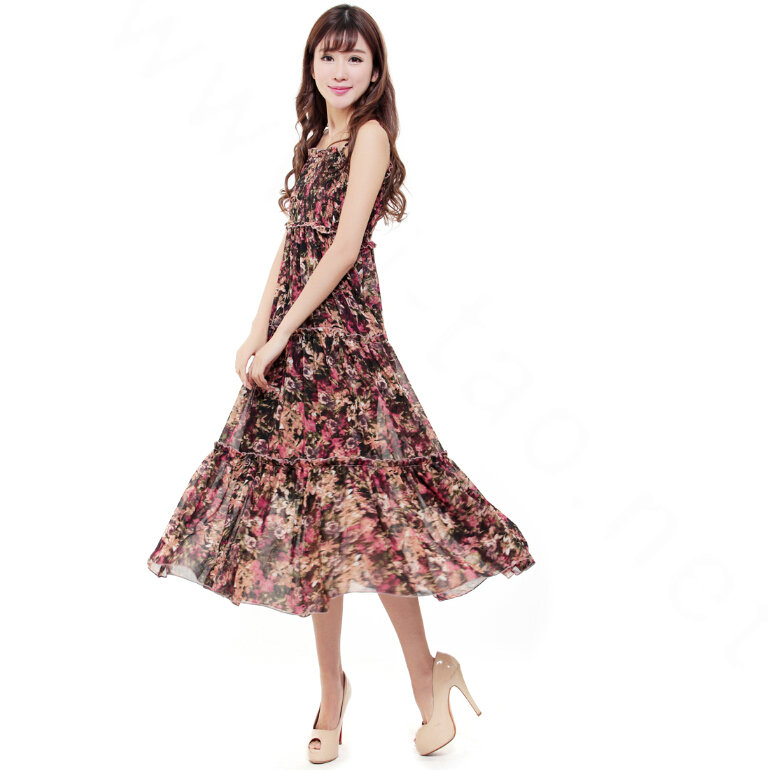 Elegant Dresses Summer Women V-Neck Printed Beach Long Chiffon Bohemian - Black Red
