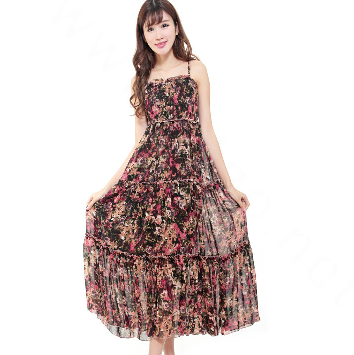 Elegant Dresses Summer Women V-Neck Printed Beach Long Chiffon Bohemian - Black Red