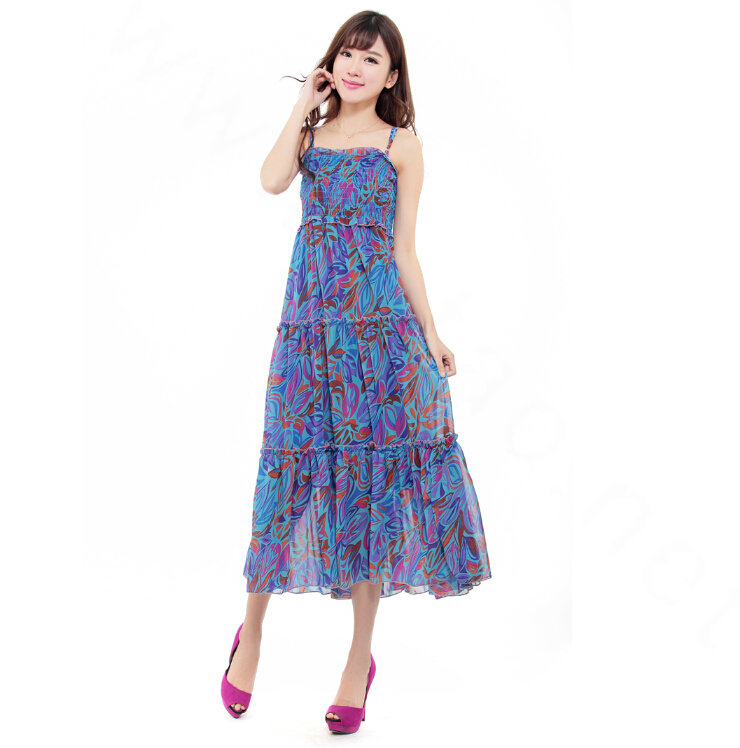 Elegant Dresses Summer Women V-Neck Printed Beach Long Chiffon Bohemian - Blue