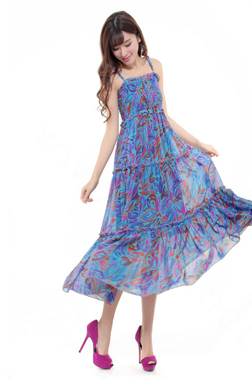 Elegant Dresses Summer Women V-Neck Printed Beach Long Chiffon Bohemian - Blue