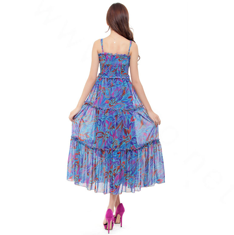 Elegant Dresses Summer Women V-Neck Printed Beach Long Chiffon Bohemian - Blue