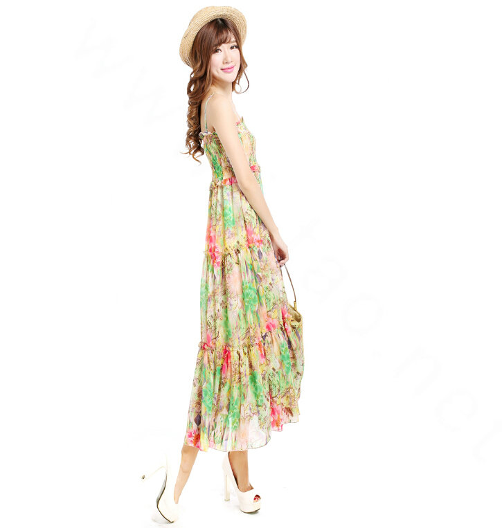 Elegant Dresses Summer Women V-Neck Printed Beach Long Chiffon Bohemian - Green